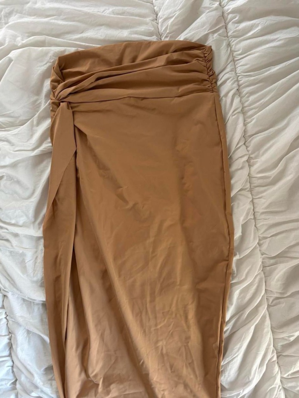High-Waist Brown Twist Front Midi Skirt